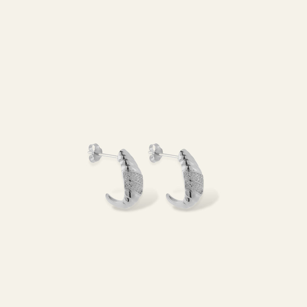 925 Sterling Silver CZ Croissant Huggie Hoop Earrings Media